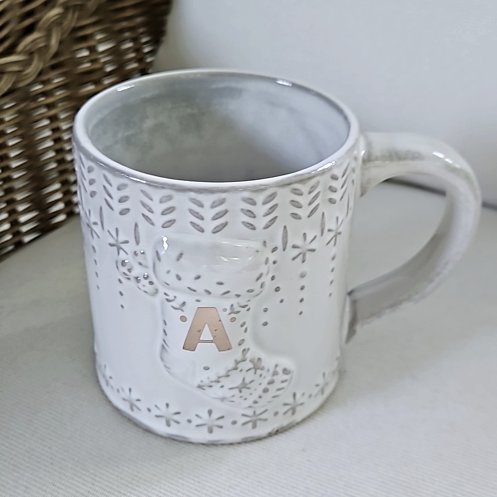ANTHROPOLOGIE Monogram Christmas Stocking Mug White With Gold "A" 12 Oz NWOT
